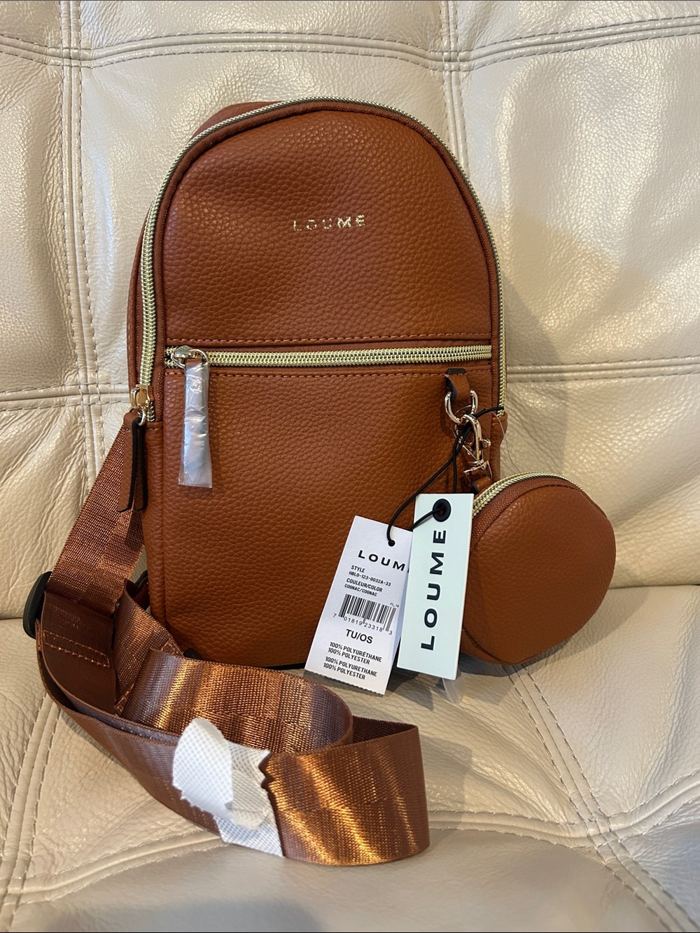 Loume Camel Pebbled Crossbody Backpack with Coin Pouch NWT